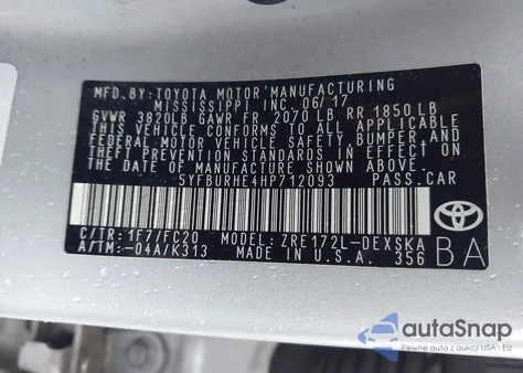 2017 Toyota Corolla Se из США, поврежденный, VIN 5YFBURHE4HP712093